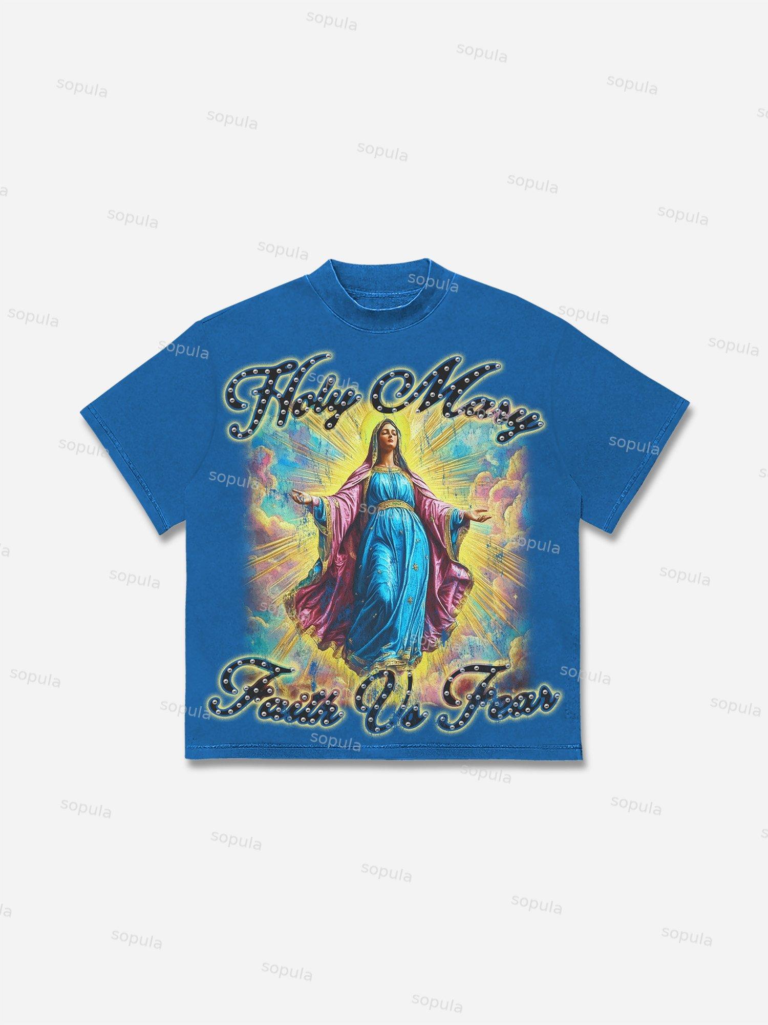 Men's Faith Vintage Holy Mary Graphics Cotton T-shirt Product Image