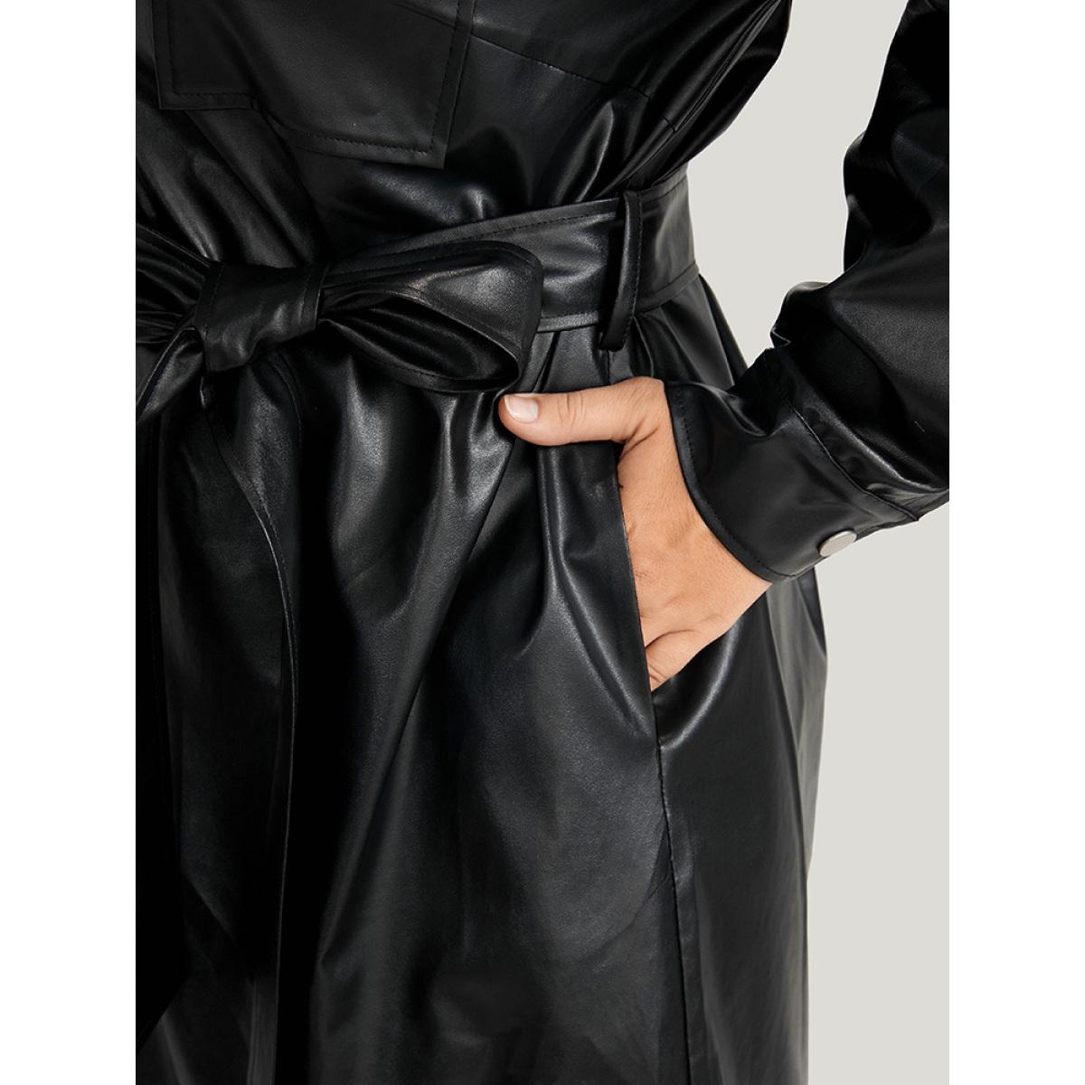 Plus Size PU Leather Pocket Belted Button Up Dress Black Women Party Belted Shirt collar Long Sleeve Curvy Knee Dress BloomChic 12/L Product Image