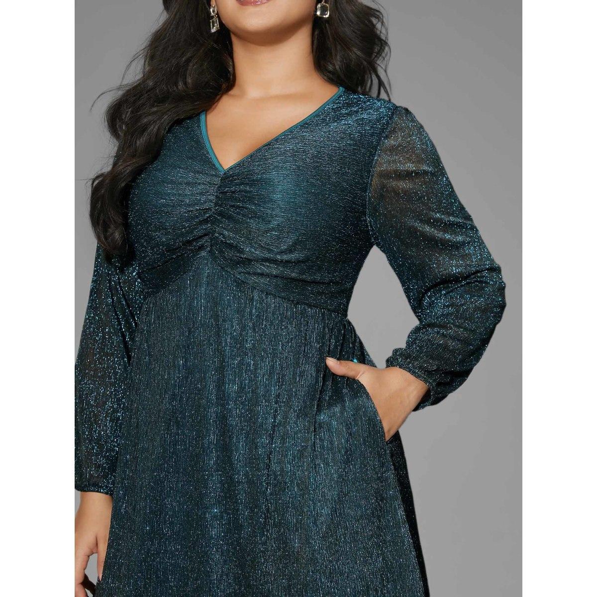 Plus Size Luxe V Neck Ruched Mesh Dress Aegean Women Cocktail Gathered Party Curvy Bloomchic 14-16/1X Product Image