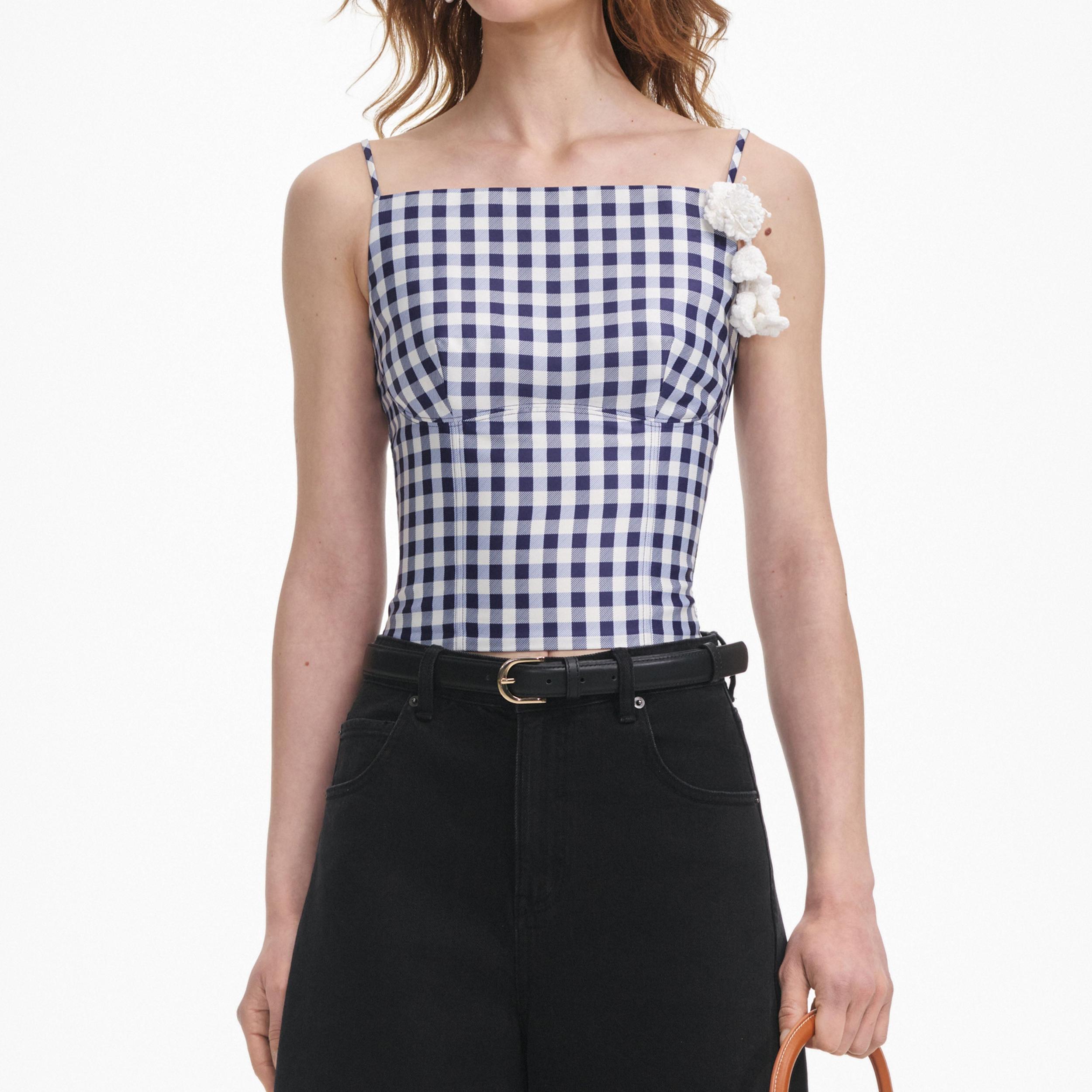 Navy Gingham Taffeta Top Product Image