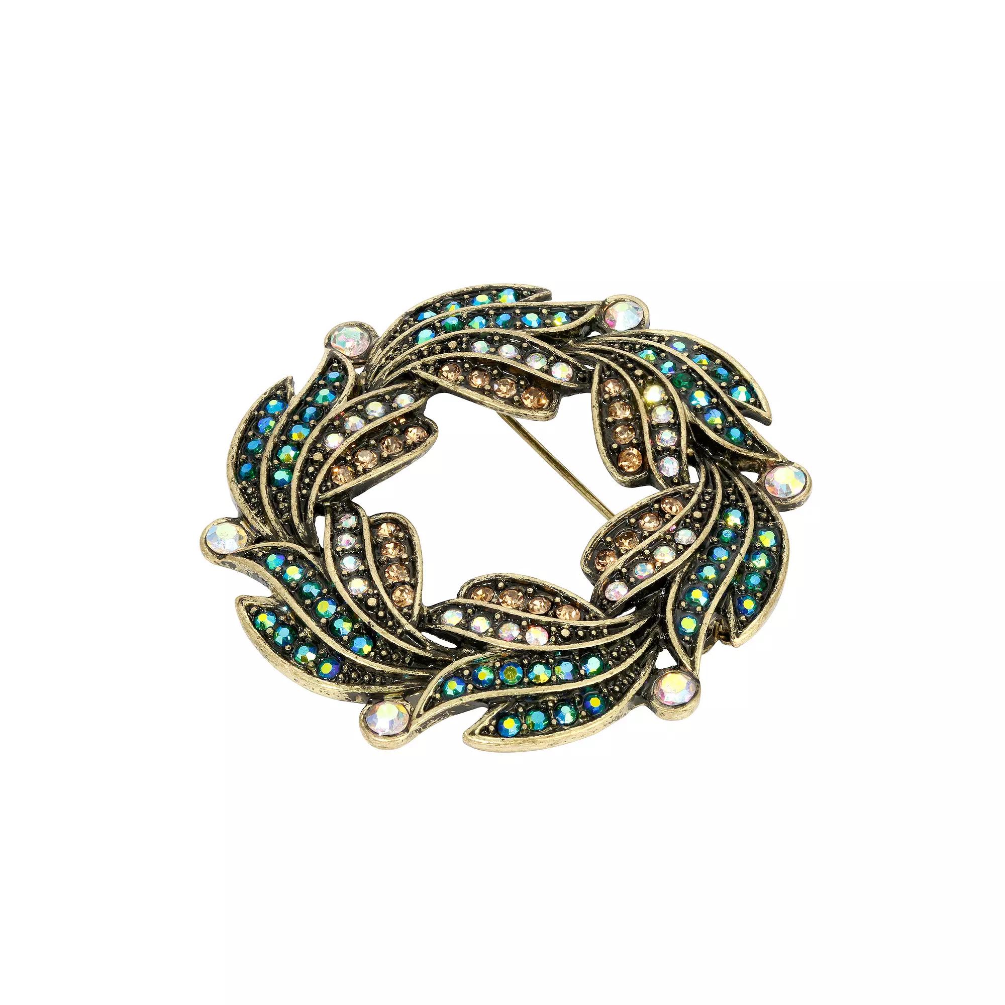 1928 Antiqued Gold Tone Multicolor Simulated Crystal Wreath Brooch, Women's Product Image