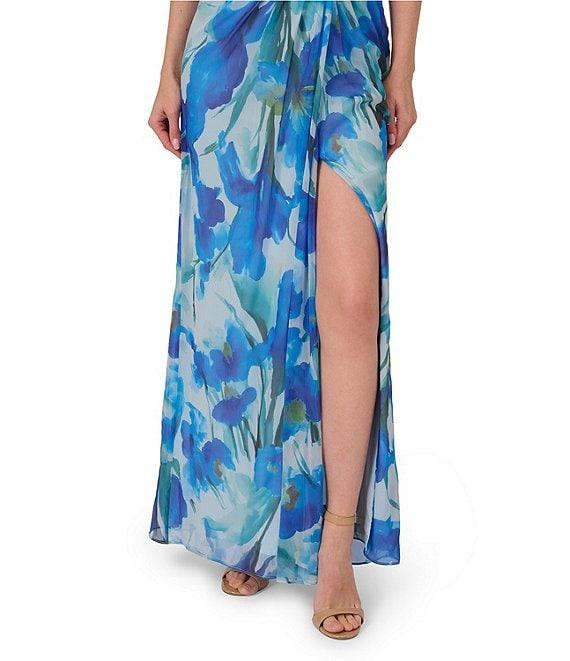 Adrianna Papell One Shoulder Sleeveless Floral Chiffon Drape Waist Sheath Gown Product Image