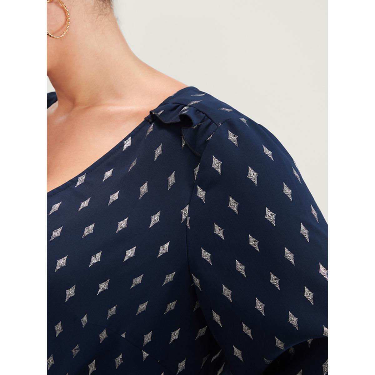 Plus Size Indigo Geometric Print Lantern Sleeve V Neck Blouse Women Party Long Sleeve V-neck Going out Blouses BloomChic 12/L Product Image