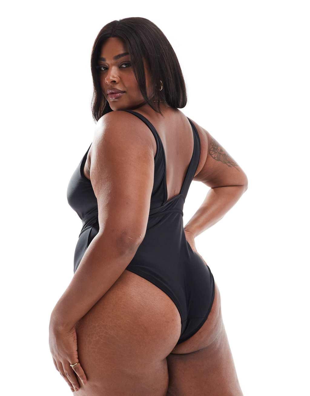 South Beach Curve swimsuit with deep band/ belt in black Product Image