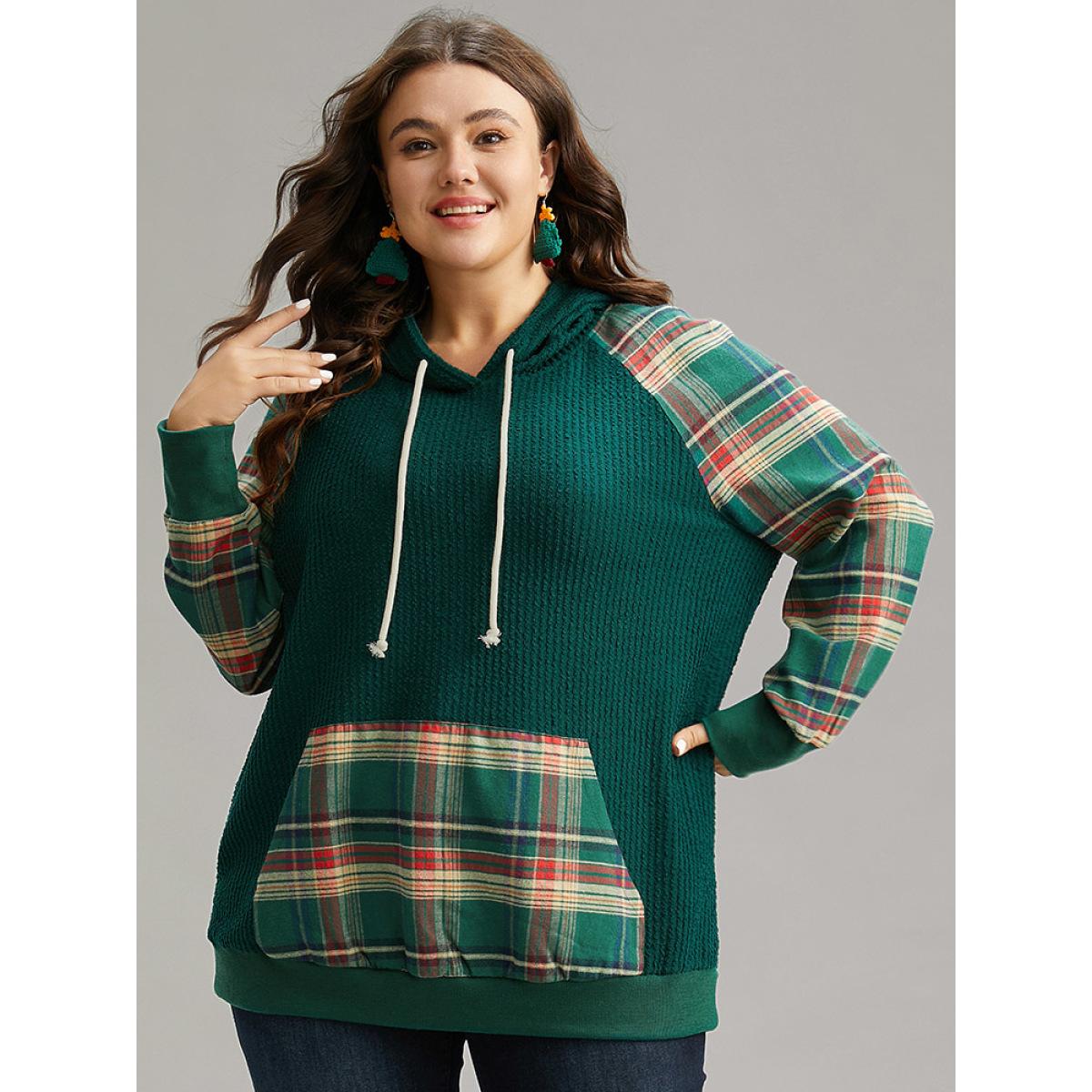 Plus Size Plaid Contrast Pocket Rib Knit Hooded Sweatshirt Women Green Casual Rib Knit Hooded Festival-Christmas Sweatshirts BloomChic 10/M Product Image