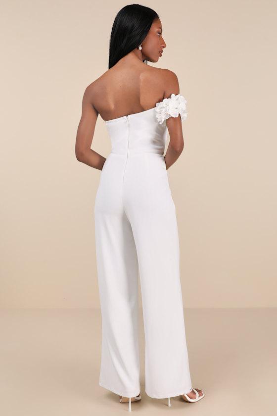 Damara White Floral Applique One-Shoulder Jumpsuit Product Image