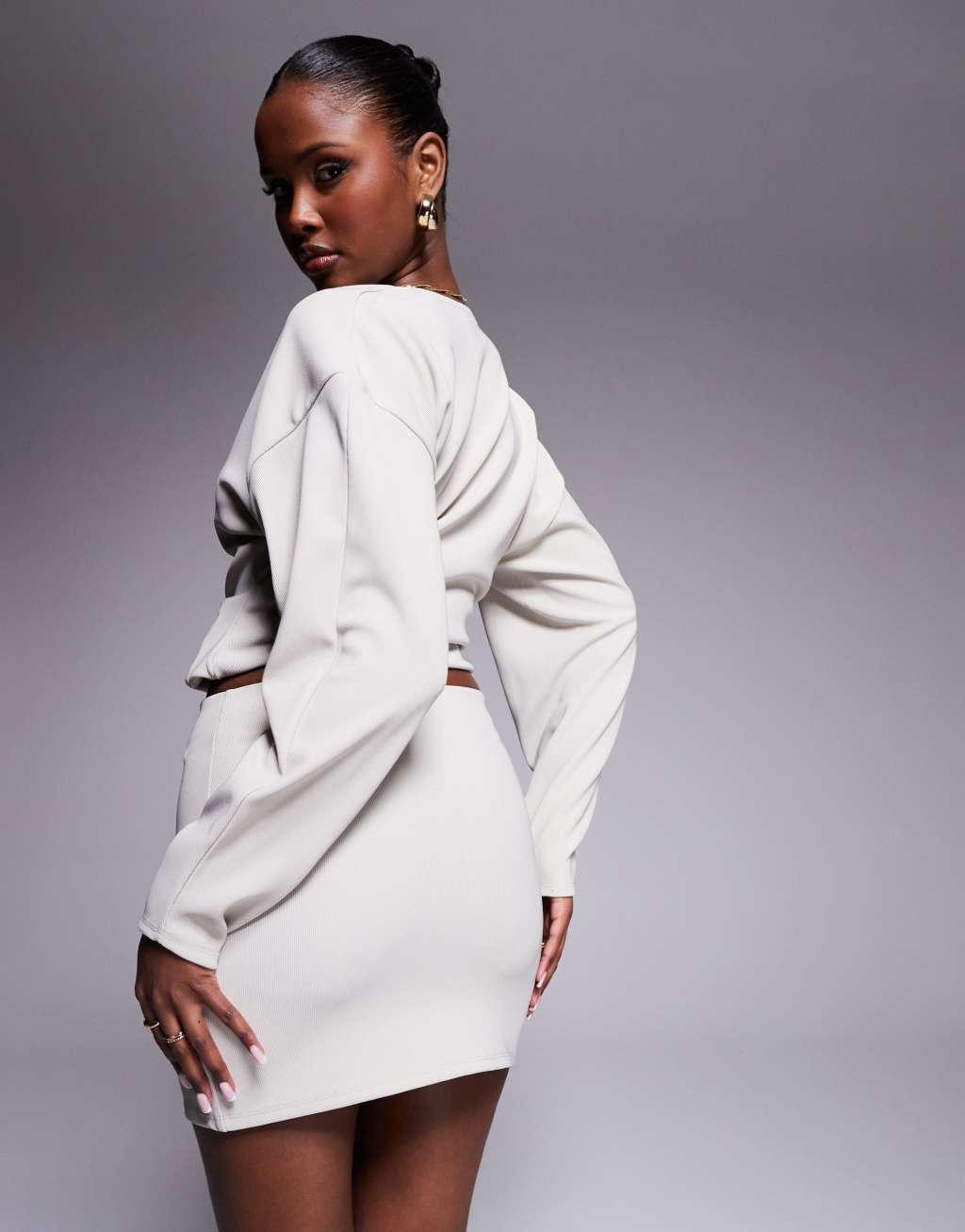 ASOS DESIGN ribbed mini skirt in stone - part of a set Product Image