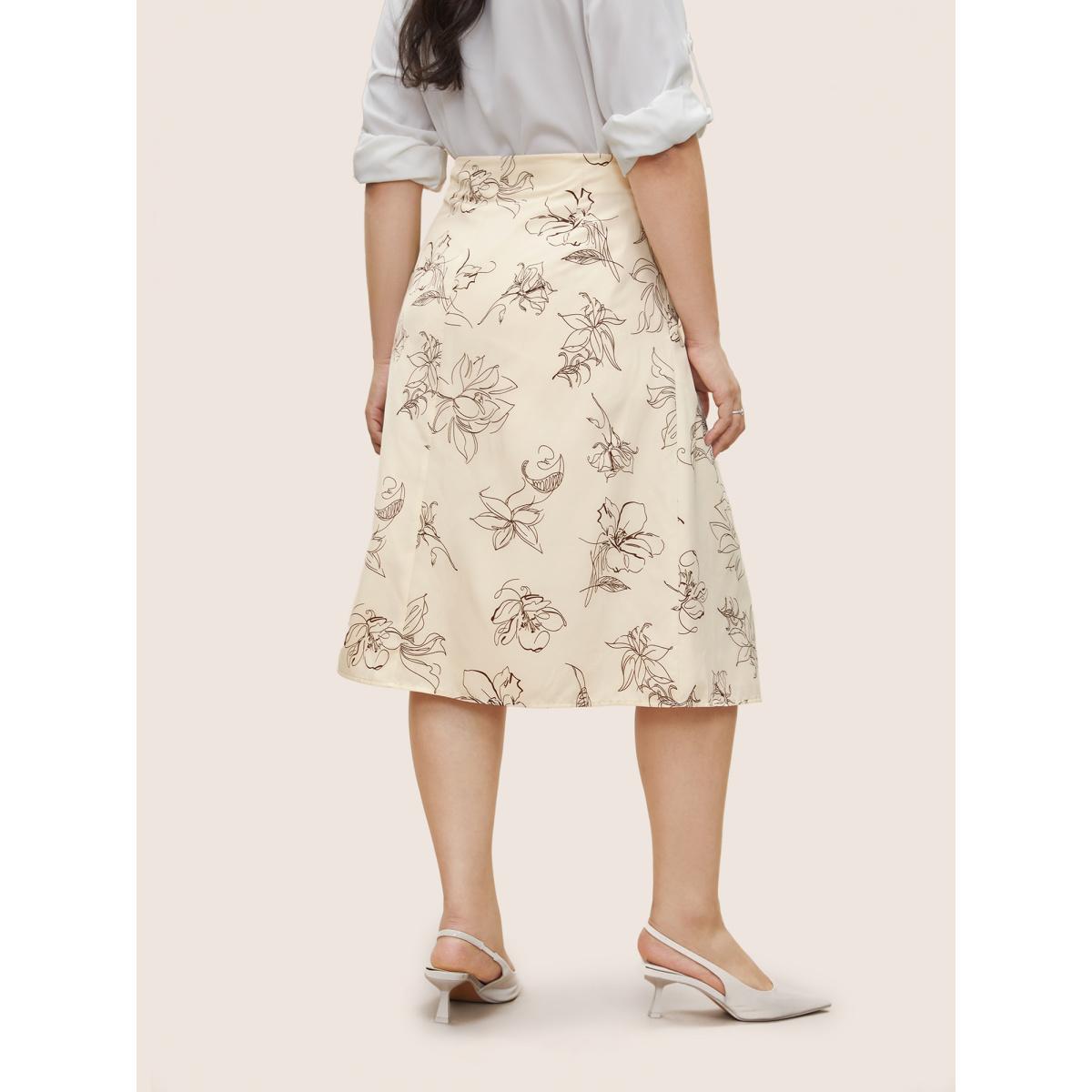 Plus Size Floral Print Pocket Zipper Fly Skirt Women Apricot Elegant Non No stretch Slanted pocket Everyday Skirts BloomChic 12/L Product Image