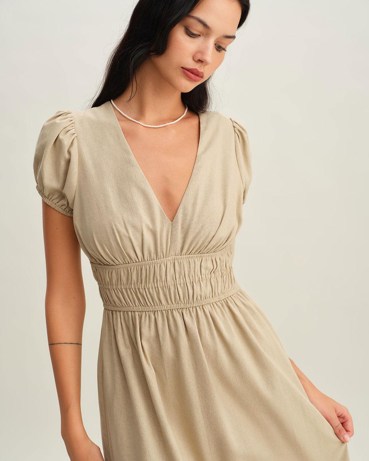 Beige Ruched Puffed Sleeve Midi Dress Product Image