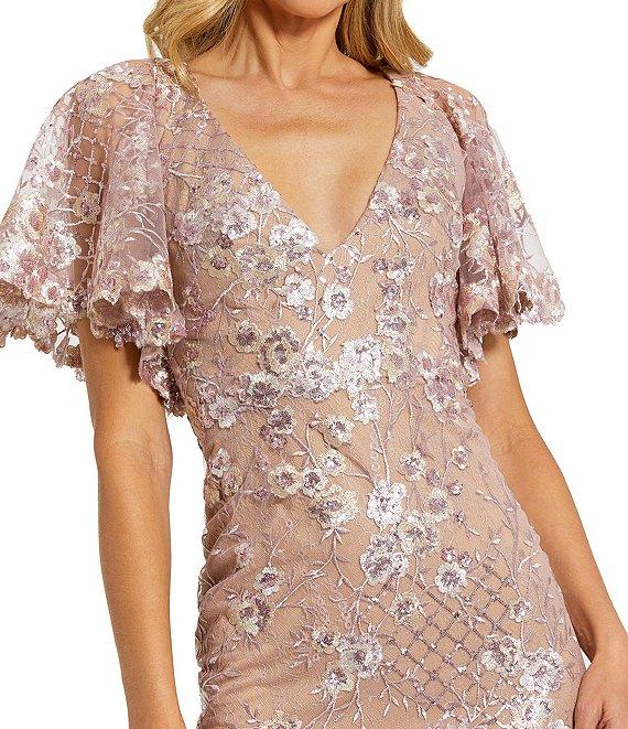 Mac Duggal Embellished Lace V Neck Flutter Sleeve Gown Product Image
