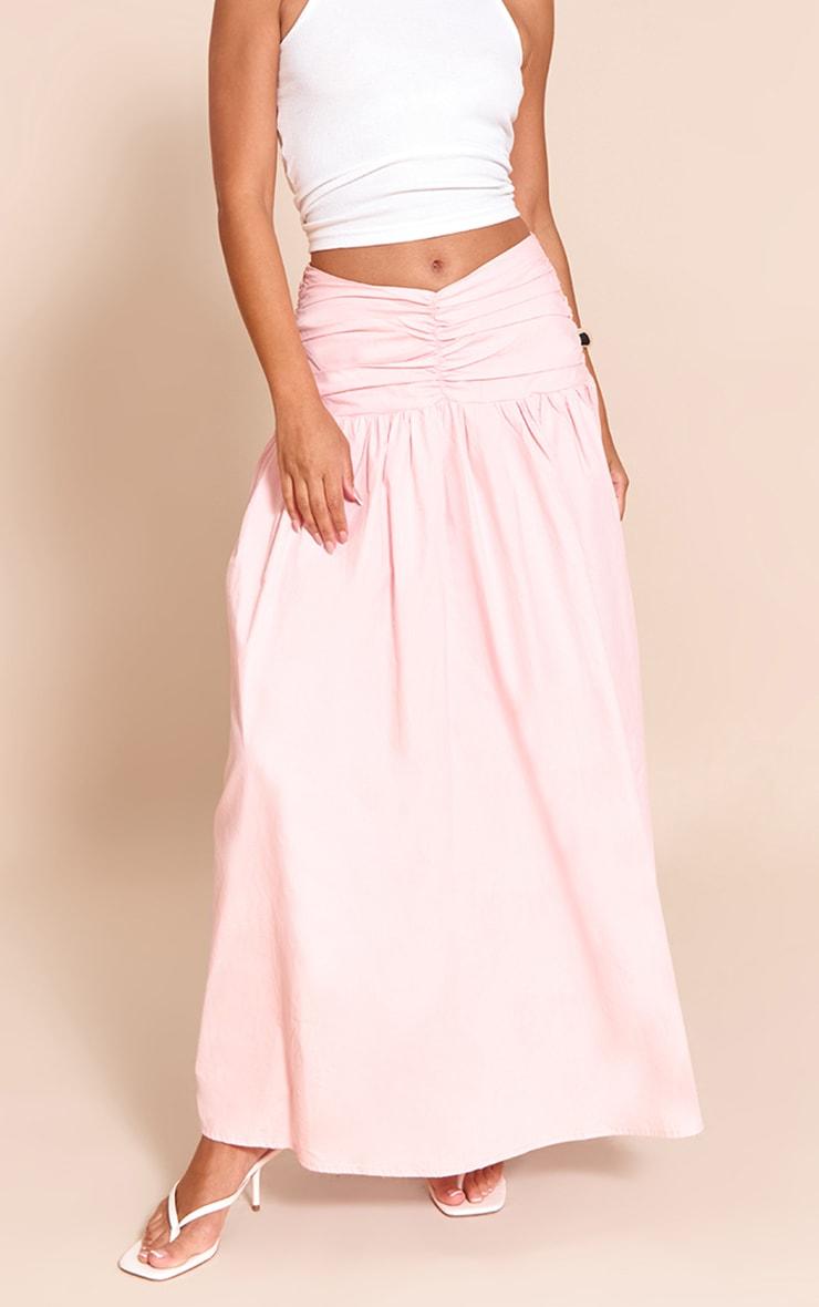 Pink Cotton Poplin Ruched Dropped Waist Maxi Skirt Product Image