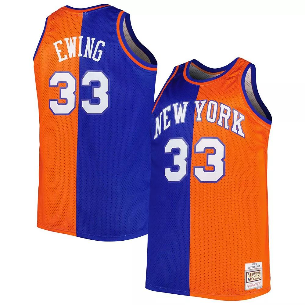 Men's Mitchell & Ness Patrick Ewing Blue/Orange New York Knicks Big & Tall Hardwood Classics 1991/92 Split Swingman Jersey, Size: 2XLT Product Image