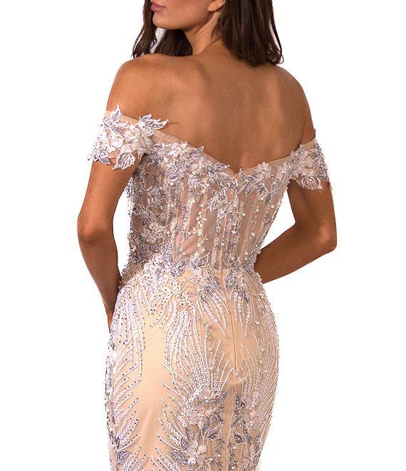 Terani Couture Embroidered Sequin Off-The-Shoulder Neck Short Sleeve Gown Product Image
