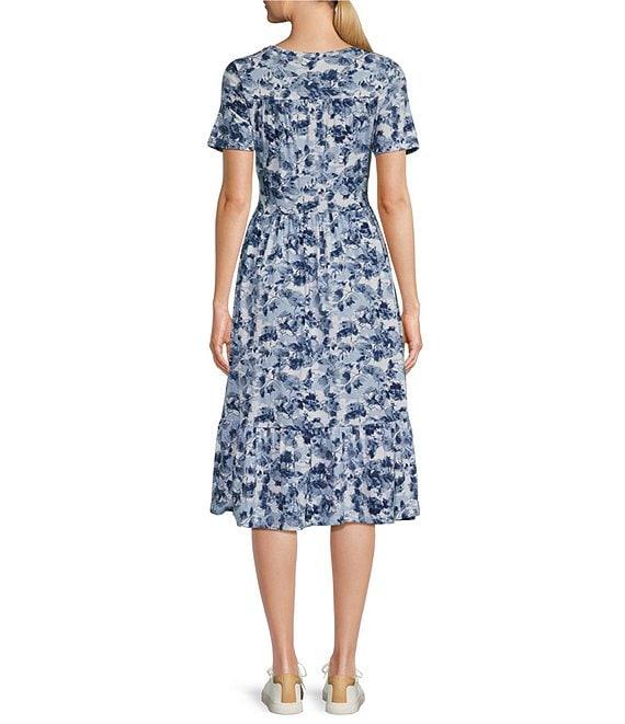 Intro Cotton Slub Jersey Printed Scoop Neck Short Sleeve A-Line Tiered Hem Midi Dress Product Image