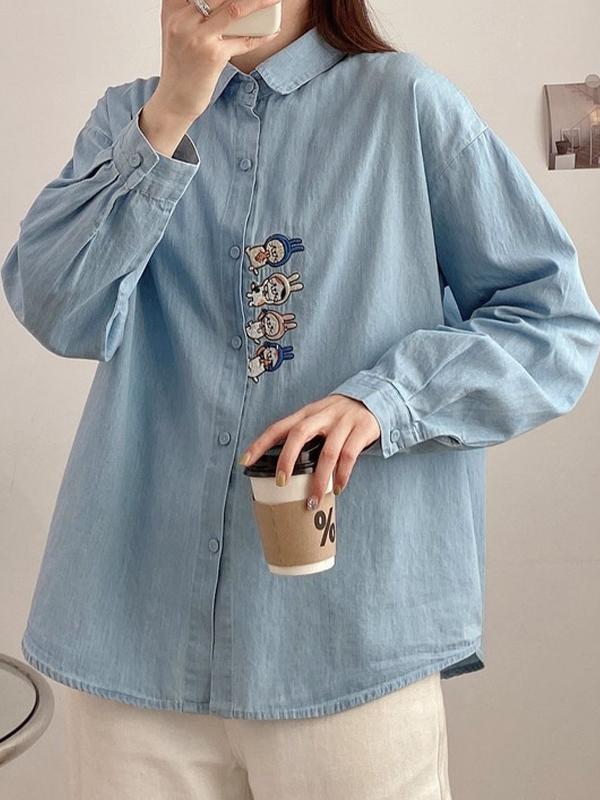 Cartoon Embroidery Denim Blouses&Shirts Product Image