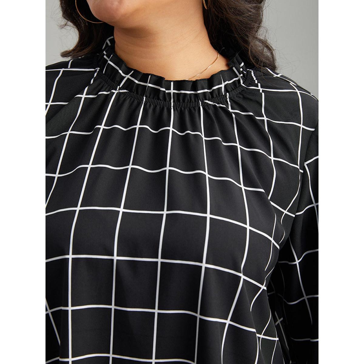 Plus Size Black Plaid Stand Collar Ruffles Lantern Sleeve Blouse Women Office Long Sleeve Stand-up collar Office Blouses BloomChic 14-16/1X Product Image