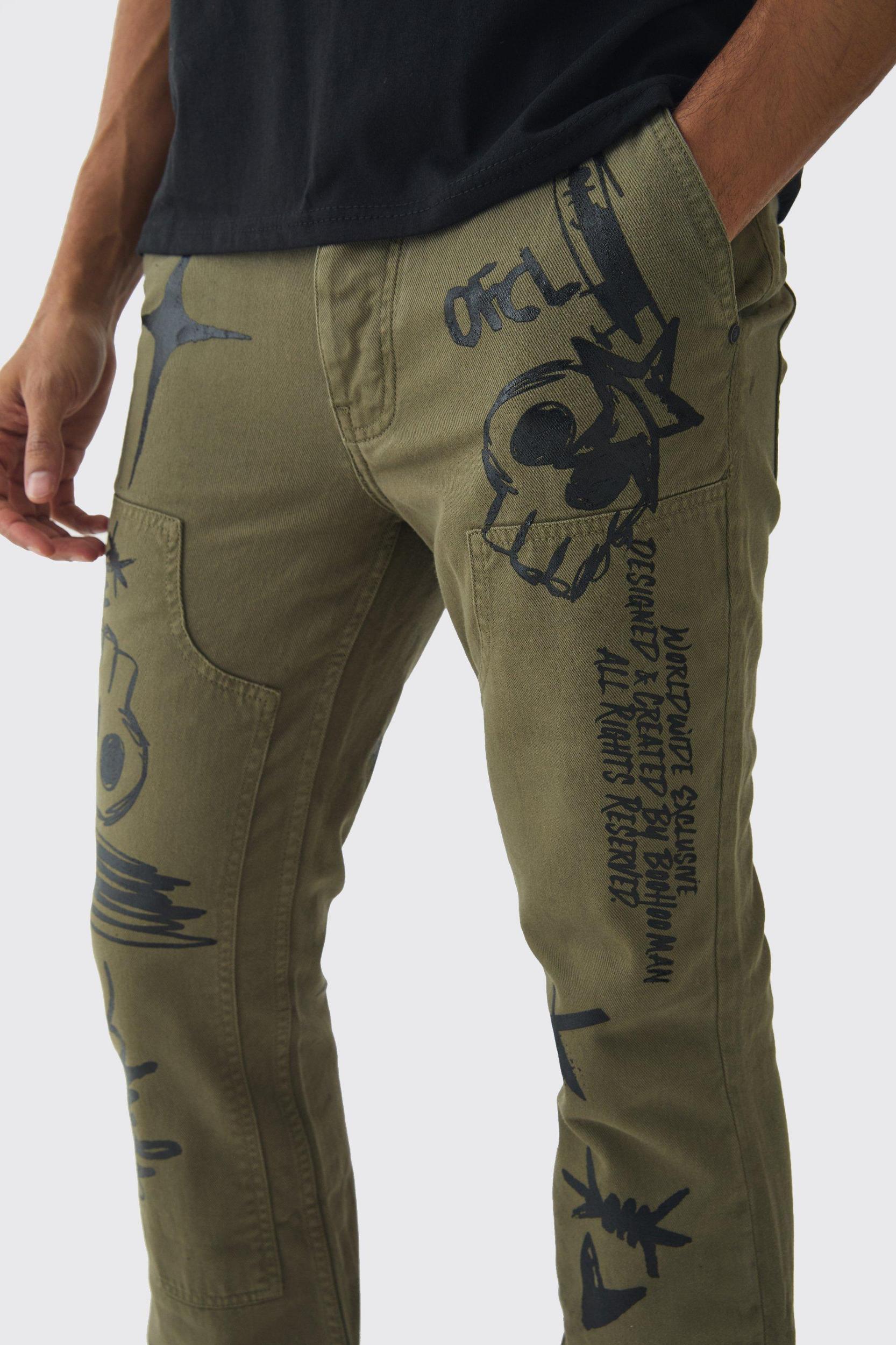 Fixed Waist Slim Flare Twill Laser Printed Carpenter Pants | boohooMAN USA Product Image