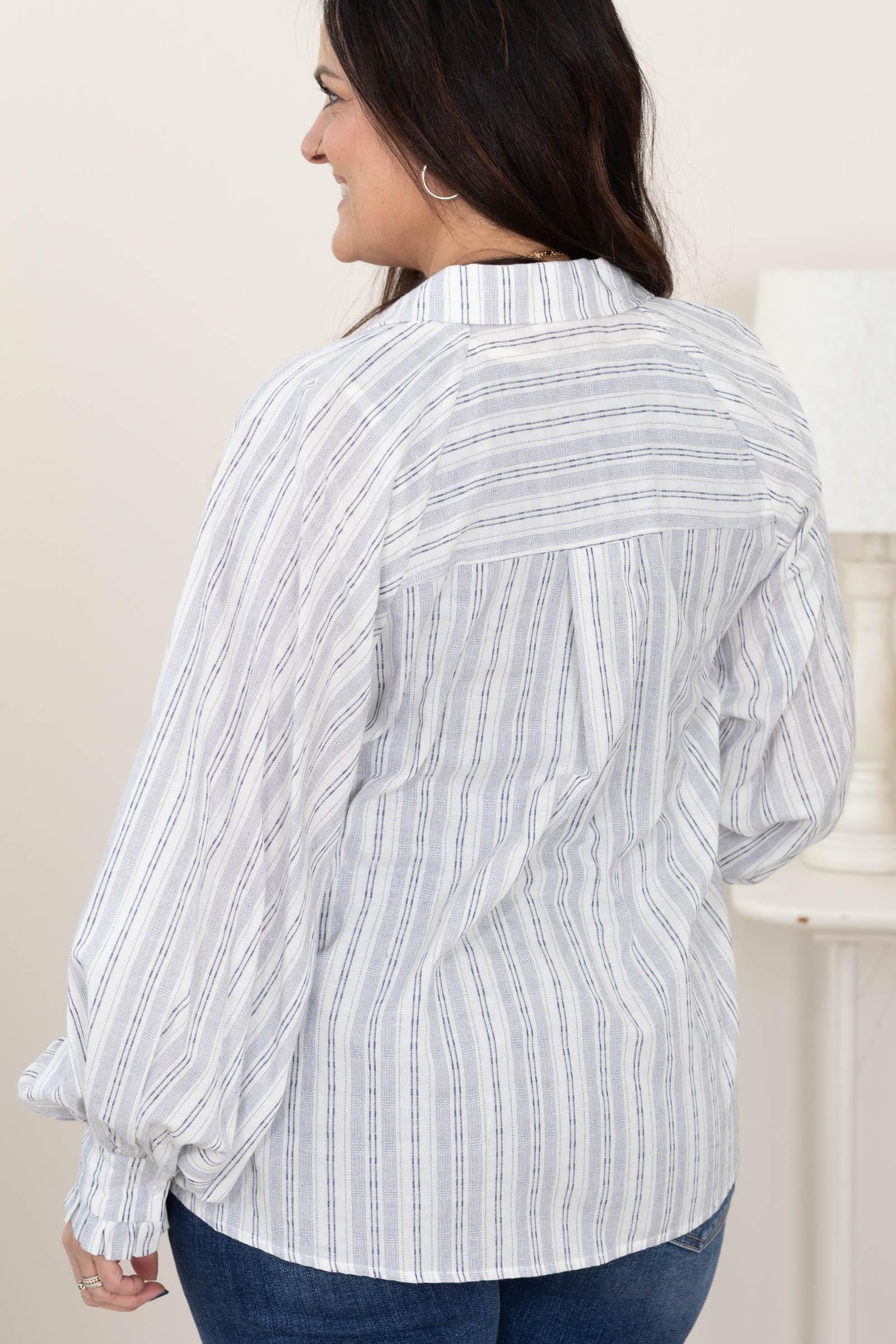 Slate Blue Stripe Balloon Sleeve Woven Top Product Image