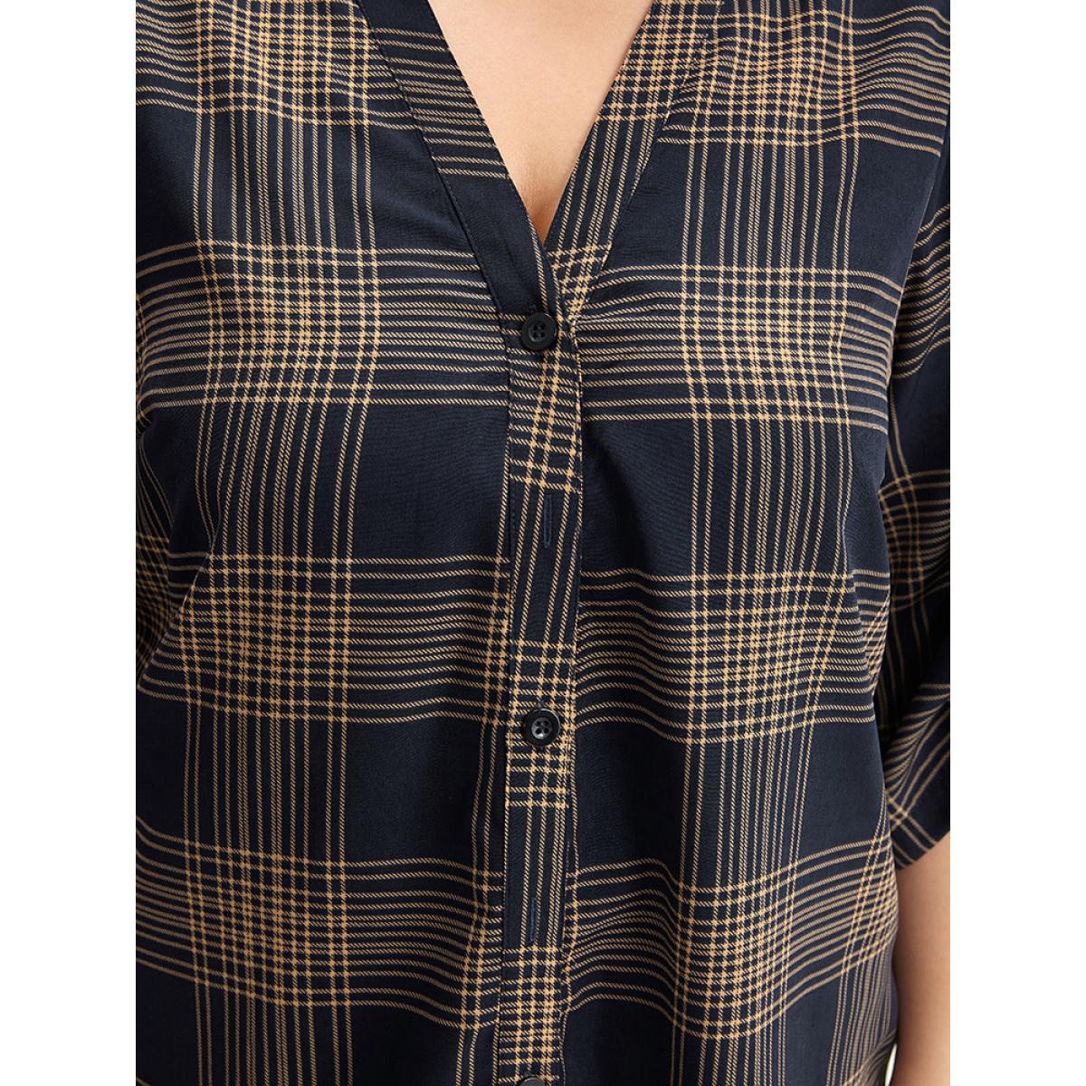 Plus Size Indigo Plaid Button Through Roll Tab Sleeve Blouse Women Office Half Sleeve V-neck Office Blouses BloomChic 18-20/2X Product Image