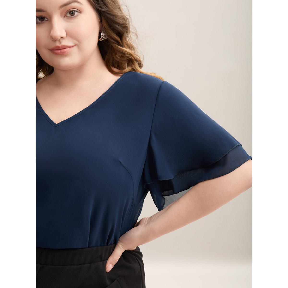Plus Size Indigo Chiffon Layered Sleeve Solid Blouse Women At the Office Short sleeve V-neck Work Blouses BloomChic 26/4X Product Image