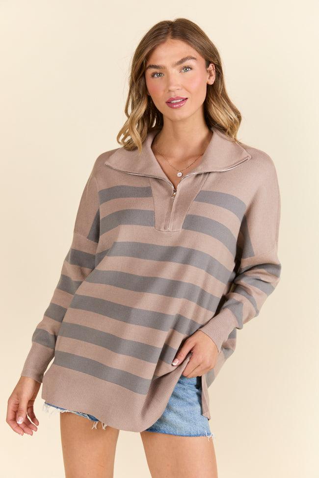 Pulling Heartstrings Taupe Striped Quarter Zip Pullover FINAL SALE Product Image
