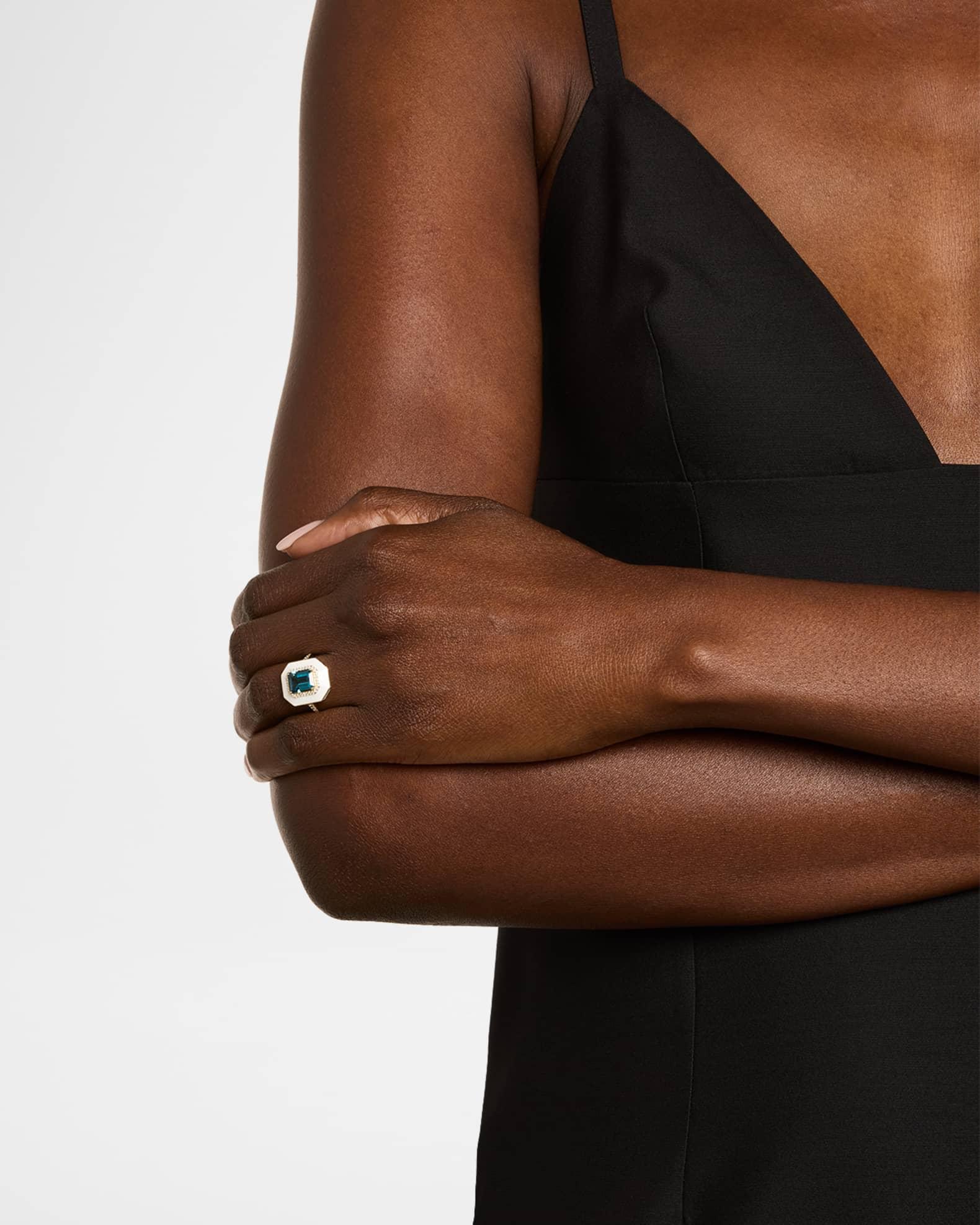 Queen 18K Yellow Gold London Blue Topaz Emerald Cut Ring with Diamonds and White Enamel, Size 6.5 Product Image