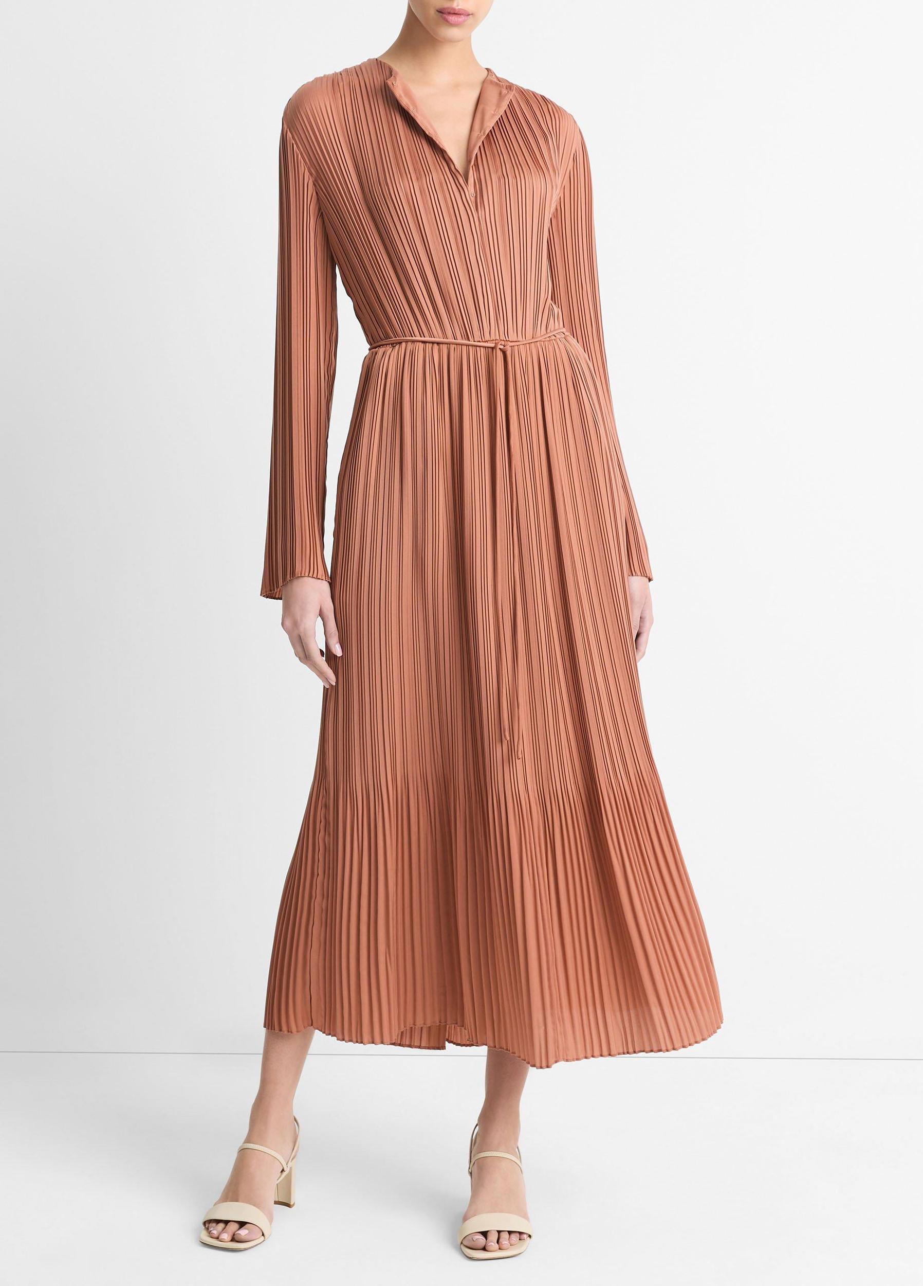 Pleated Satin Long-Sleeve Dress Product Image