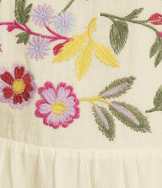 Reba Woven Mesh Floral Embroidery Square Neck 3/4 Puff Sleeve Tiered A-Line Midi Dress Product Image