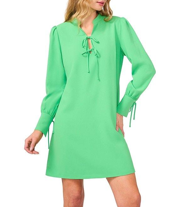 CeCe Crepe V-Neck Cuffed Long Cuffed Sleeves Tie Shift Dress Product Image