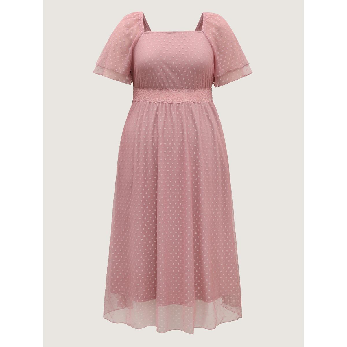 Plus Size Textured Dot Lace Trim Midi Dress Watermelon Women Formal Square Neck Short sleeve Curvy BloomChic 12/L Product Image