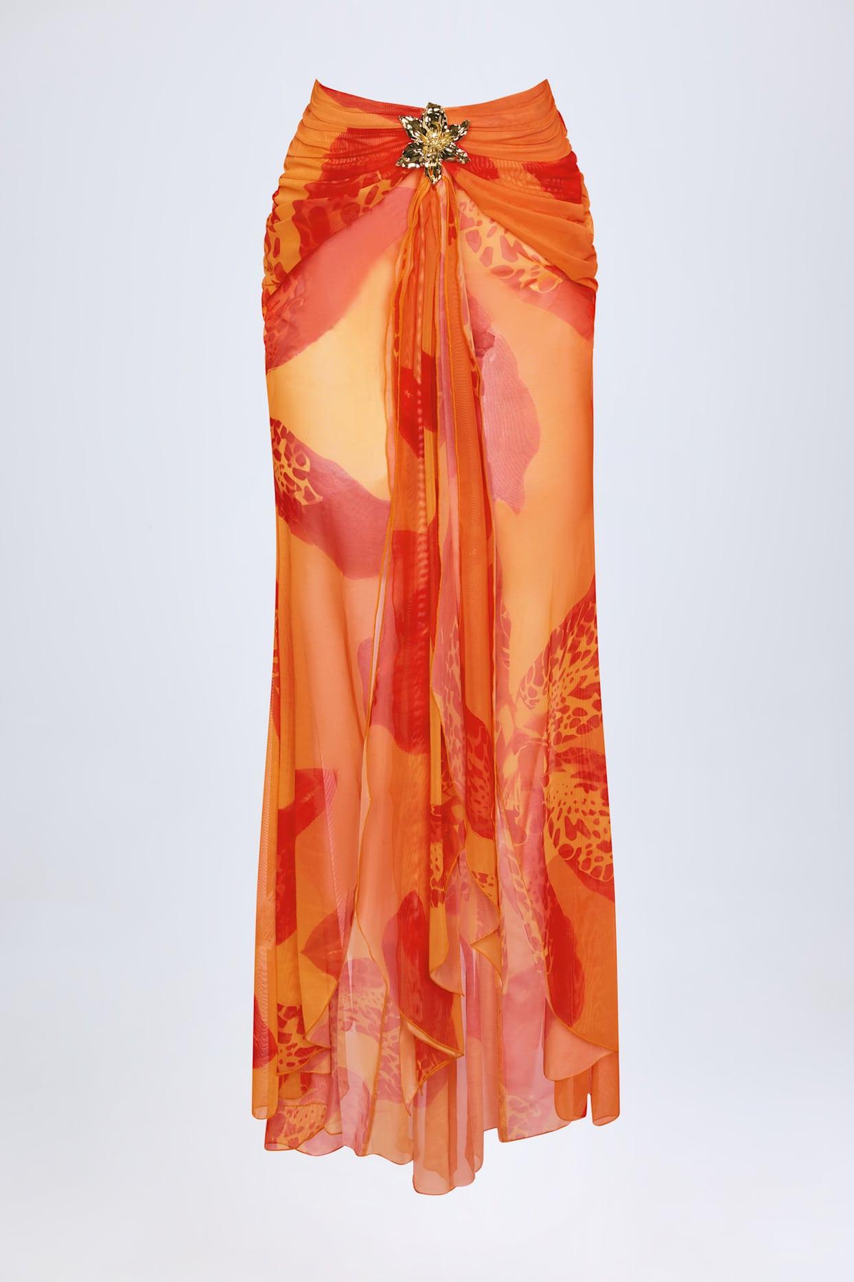Ruched Hardware-Detail Fishtail Maxi Skirt in Orange Orchid Print Product Image