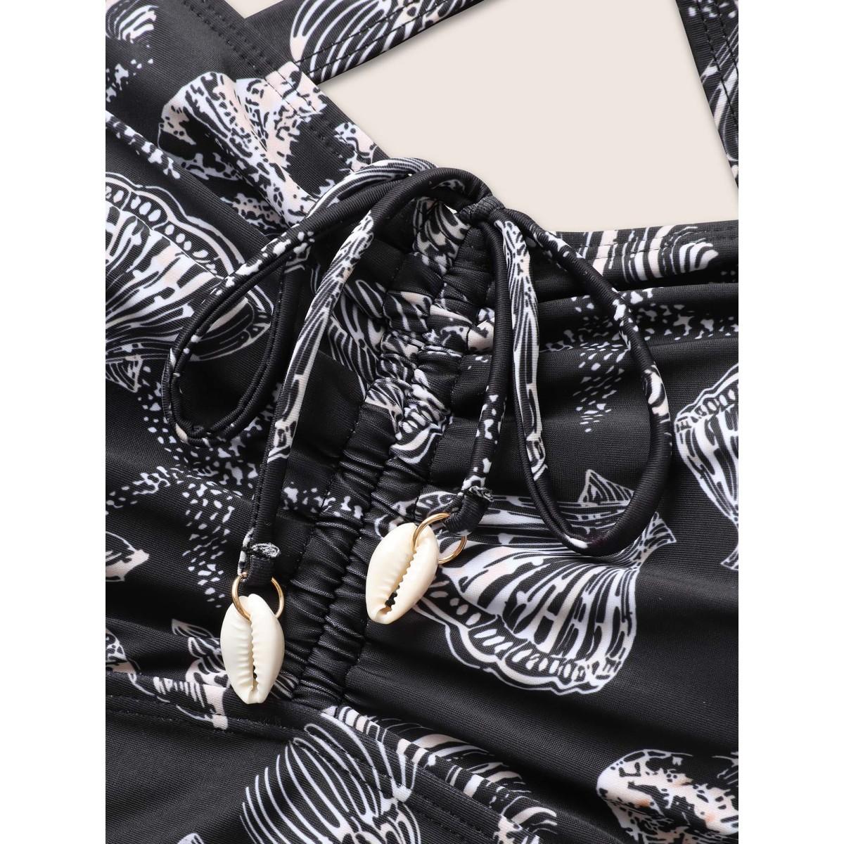Plus Size Shell Print Drawstring Ruched Skinny Swim Top Women's Swimwear Black Beach Gathered High stretch Skinny Heart neckline Curve Swim Tops BloomChic 18-20/2X Product Image