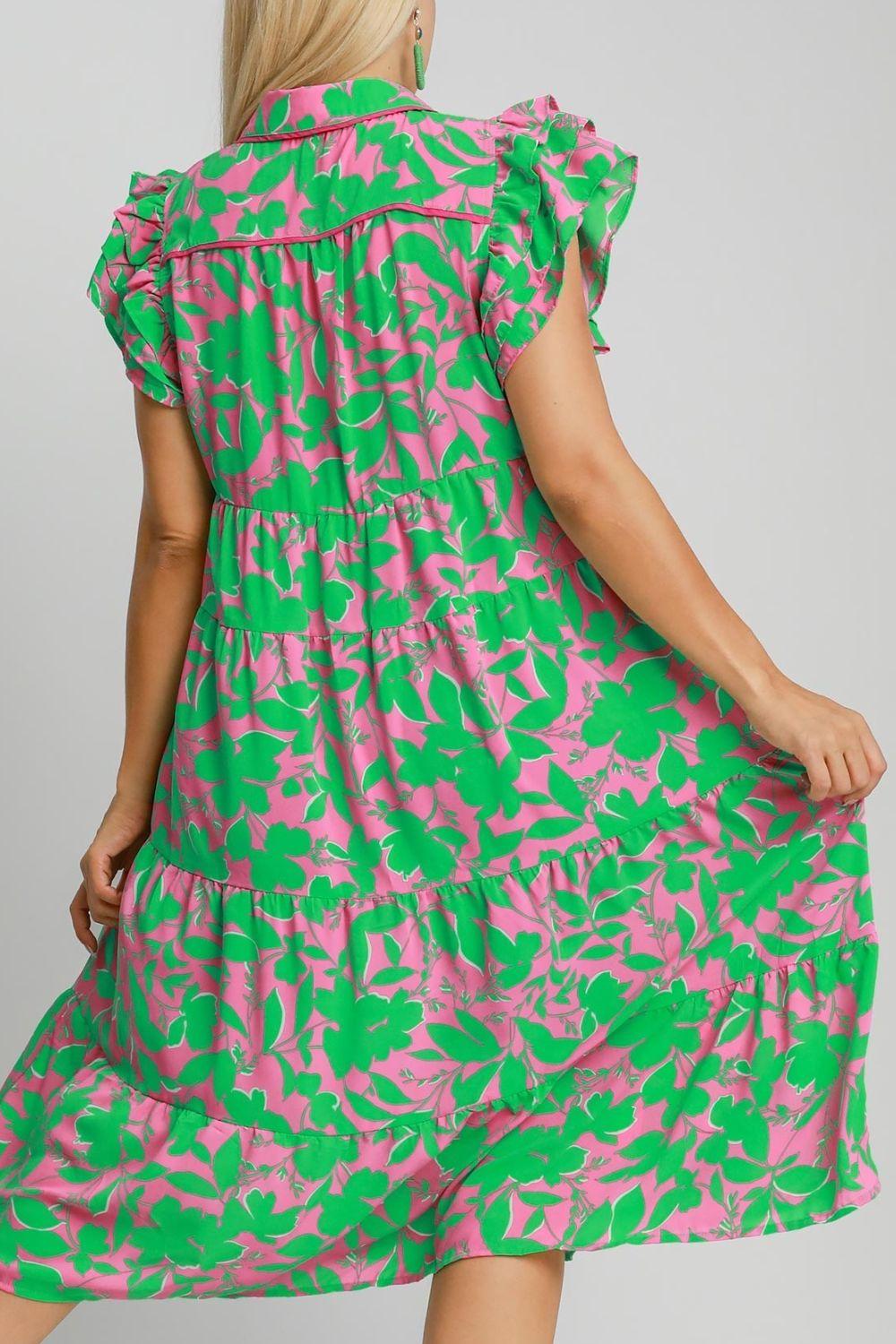 Floral Collared Ruffle Cap Sleeve Midi Dress Product Image