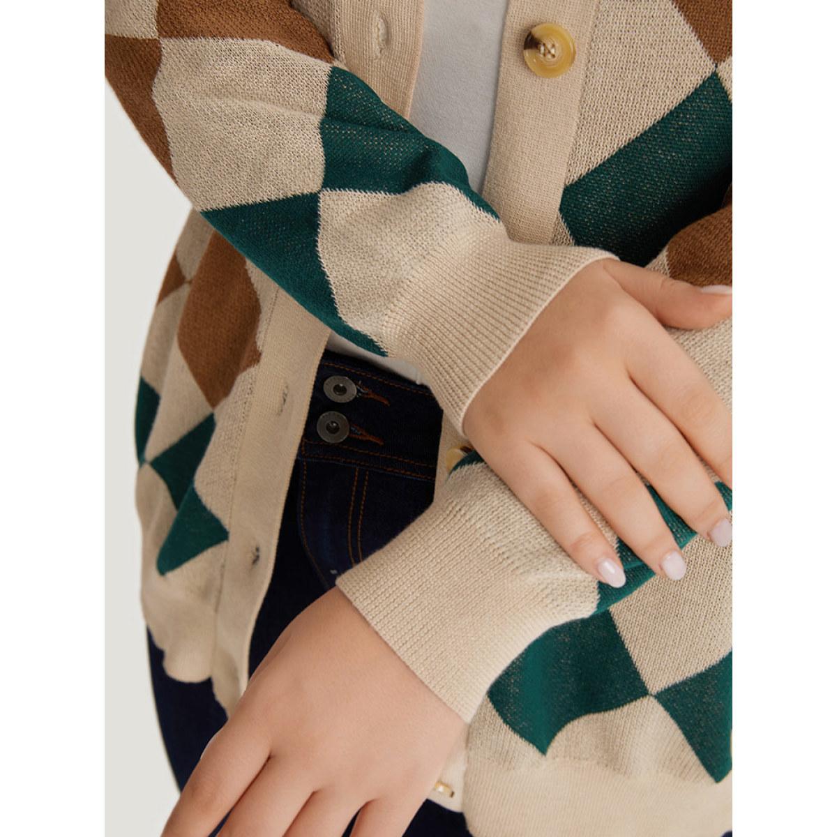 Plus Size Argyle Plaid Contrast Button Up Cardigan Multicolor Women Casual Loose Long Sleeve Dailywear Cardigans BloomChic 26/4X Product Image