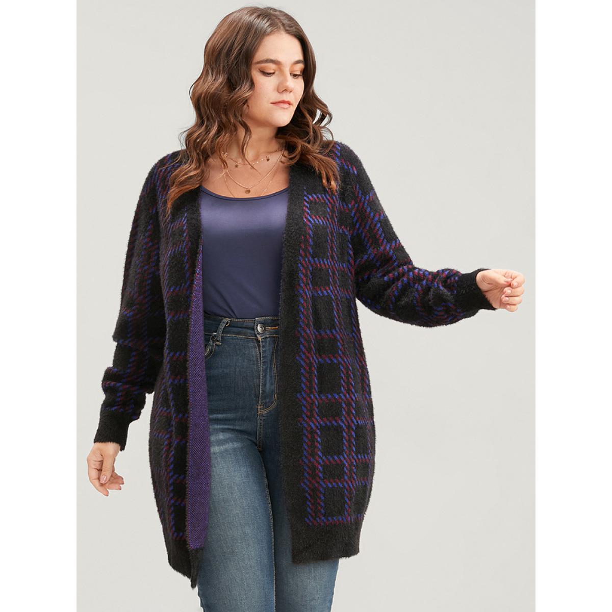 Plus Size Plaid Contrast Soft Sexy Yarn Knit Fluffy Open Front Cardigan BlackFlower Women Casual Loose Long Sleeve Everyday Cardigans BloomChic 10/M Product Image