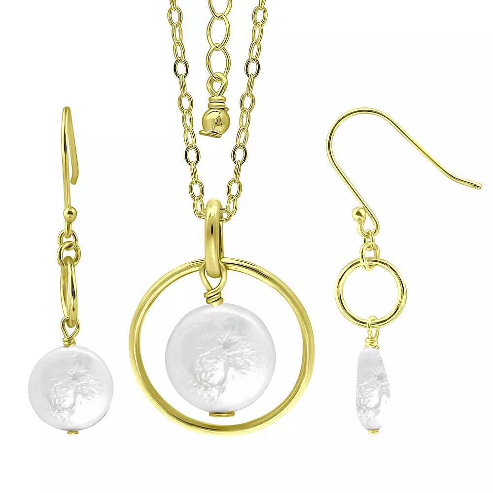 Aleure Precioso Sterling Silver Freshwater Cultured Pearl Orbital Necklace & Drop Earrings Set, Women's, Size: 18", Gold Tone White Product Image