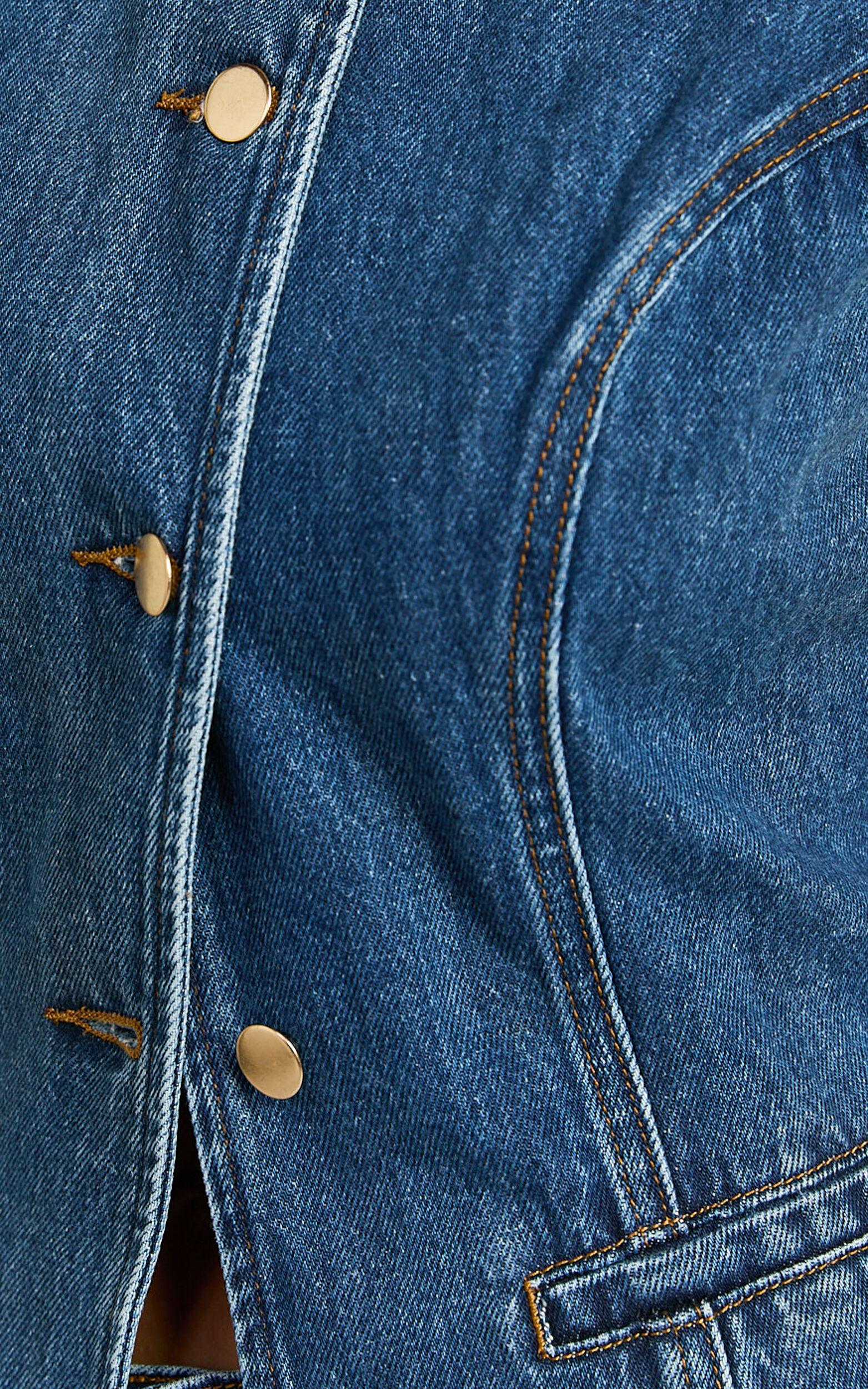 Rhianna Top - Button Down Longline Recycled Denim Vest Top in Dark Blue Wash Product Image