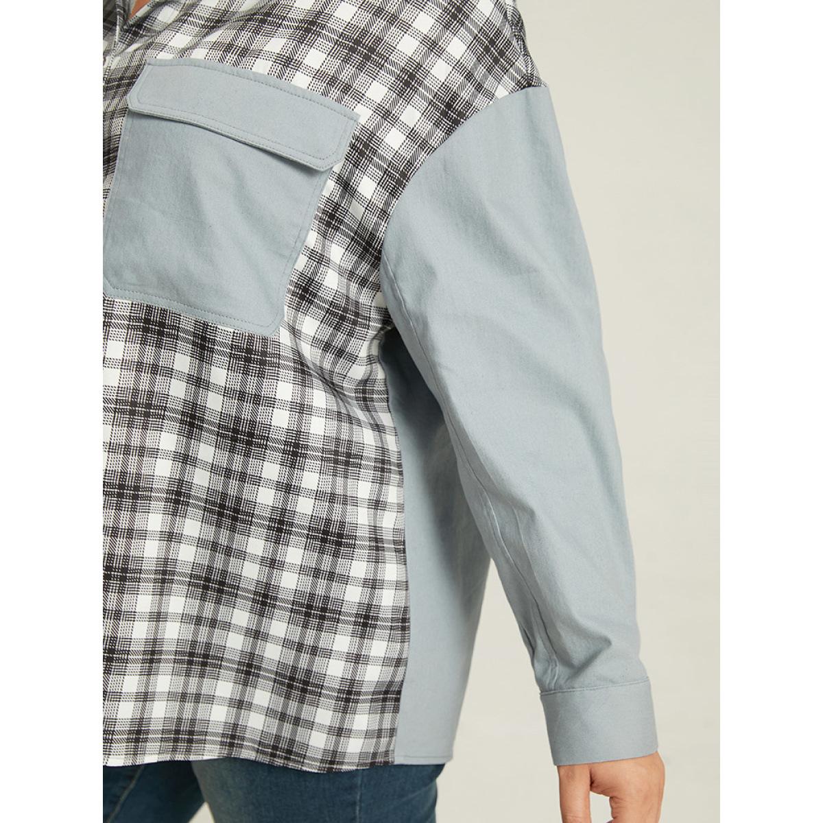 Plus Size Plaid Pocket Patchwork Contrast Coat Women LightBlue Casual Contrast Ladies Everyday Winter Coats BloomChic 14-16/1X Product Image
