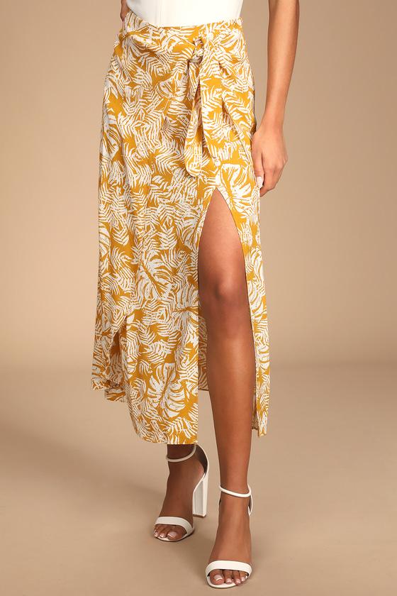 Ocean Breezes Mustard Yellow Tropical Print Faux-Wrap Midi Skirt Product Image