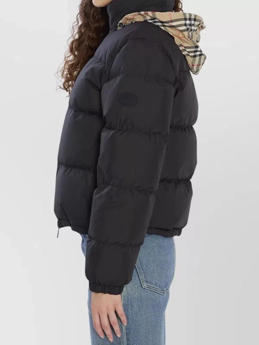 BURBERRY Zip Up Puffer Jacket Featuring Check Detail In Black Product Image