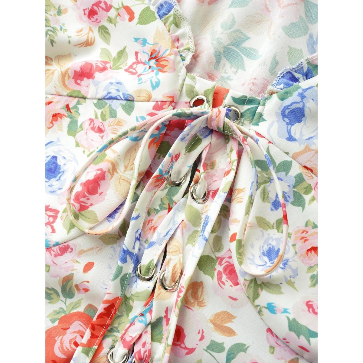 Plus Size Multicolor Heart Neckline Floral Frill Trim Blouse Women Elegant Short sleeve Heart neckline Everyday Blouses BloomChic 14-16/1X Product Image