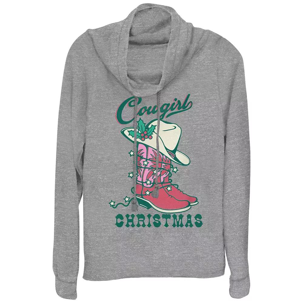 Women's Cowgirl Christmas Hat And Boots Cowlneck Graphic Lightweight Long Sleeve,  Product Image