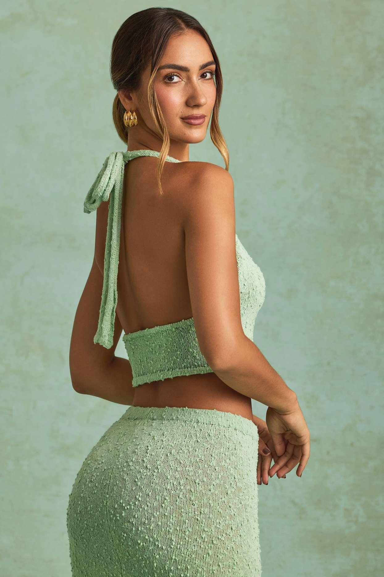 Bouclé Halterneck Crop Top in Mint Product Image