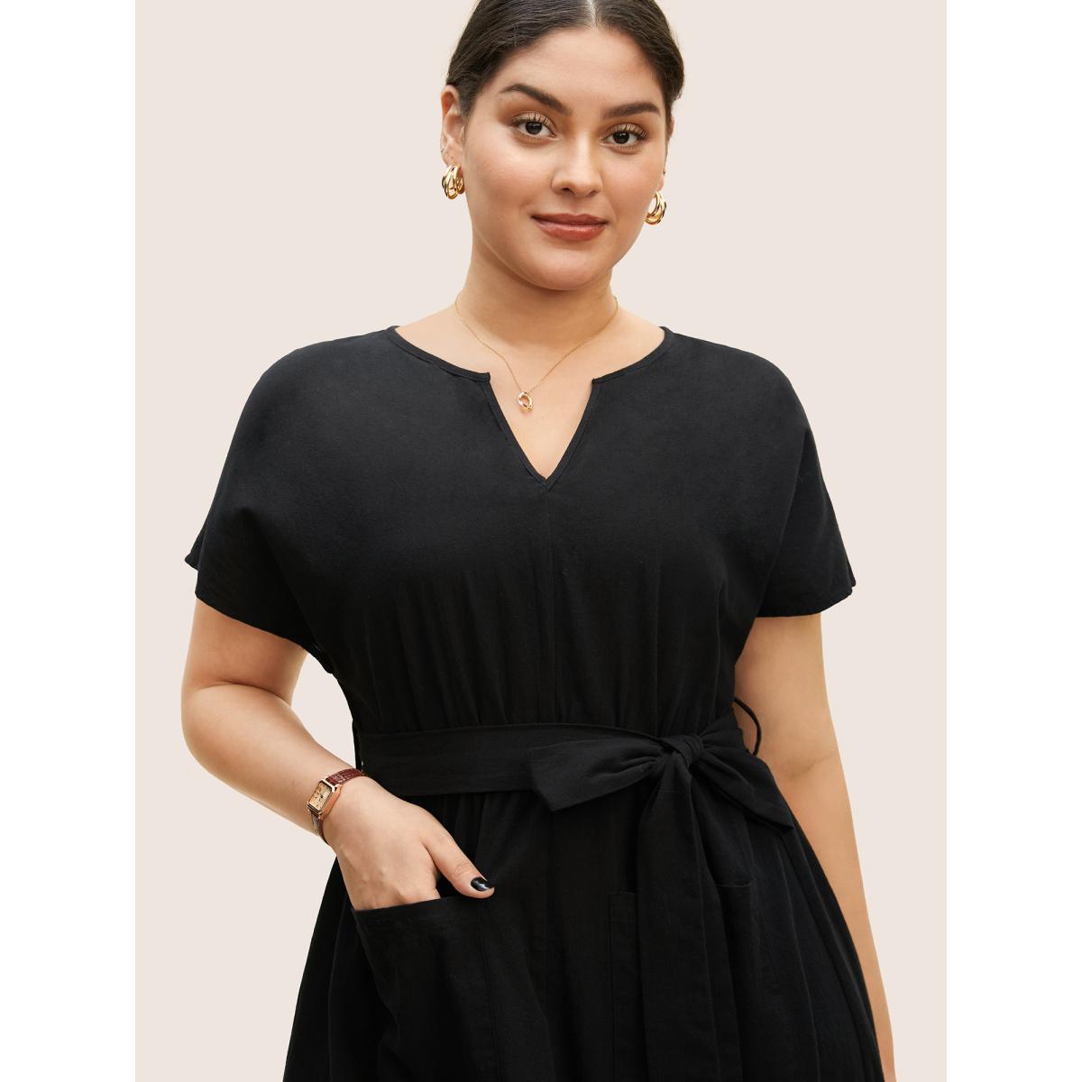 Plus Size Solid Patched Pocket Belted Batwing Sleeve Dress Black Women Work From Home Belted Notched collar Short sleeve Curvy BloomChic 14-16/1X Product Image