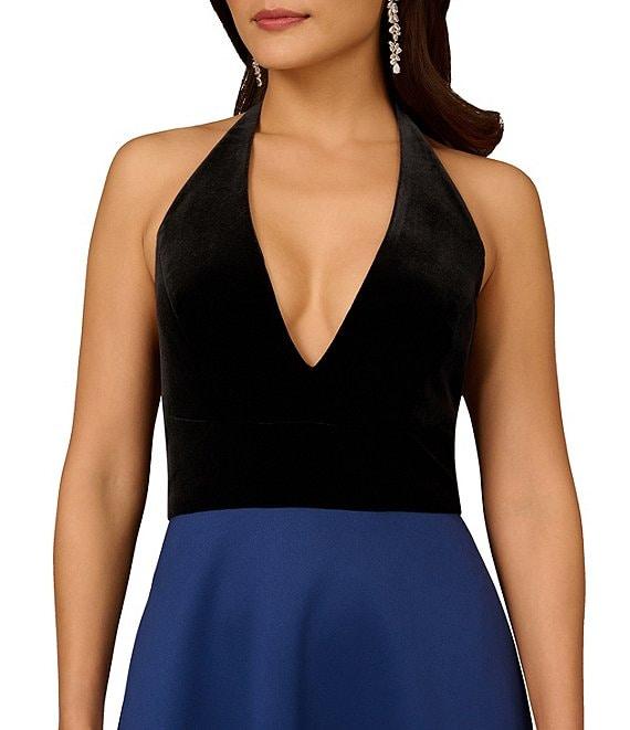 Aidan Mattox Halter Deep V-Neck Satin Velvet A-Line Gown Product Image