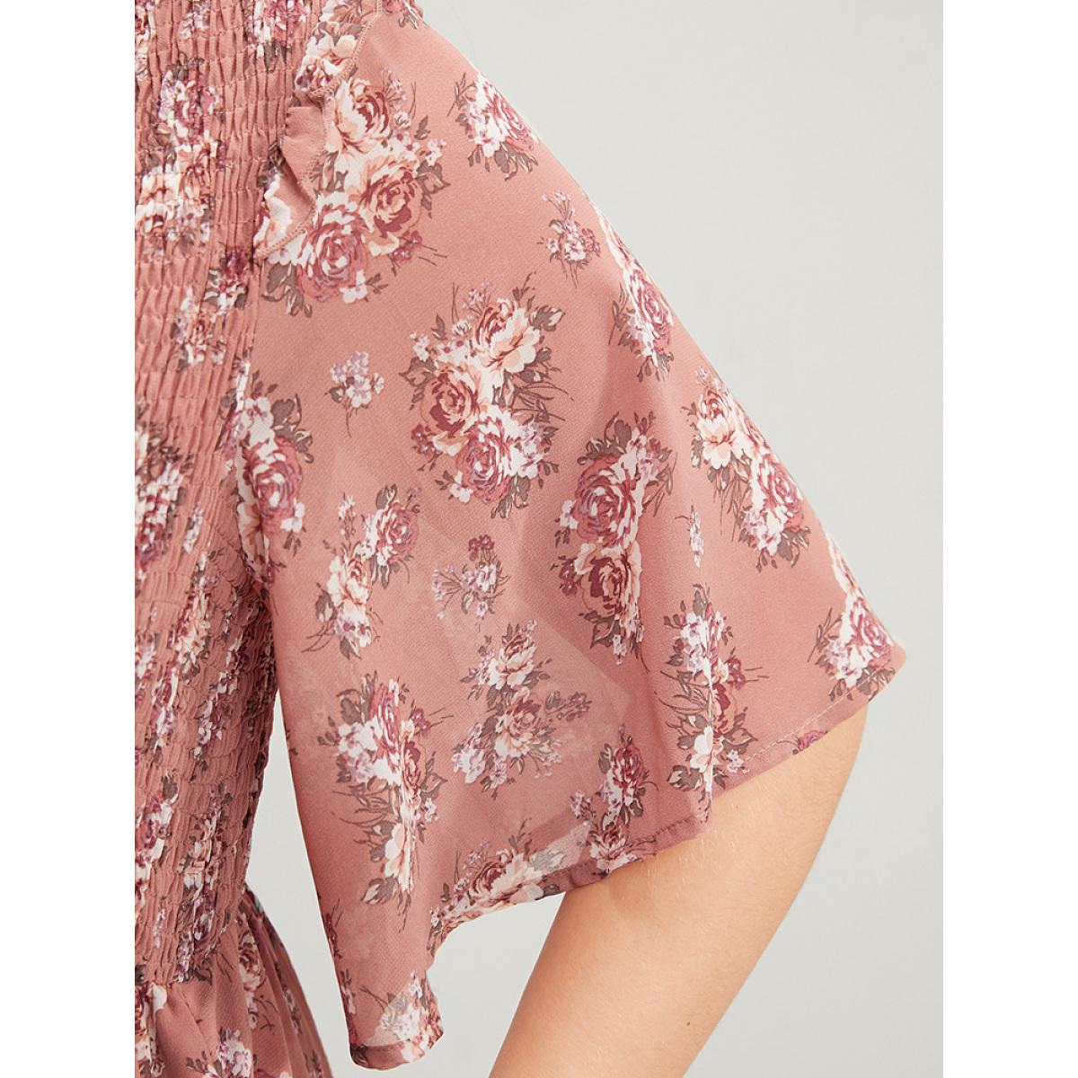 Plus Size Floral Print V Neck Shirred Pocket Ruffle Dress DustyPink Women Elegant Elastic Waist V-neck Half Sleeve Curvy Knee Dress BloomChic 12/L Product Image