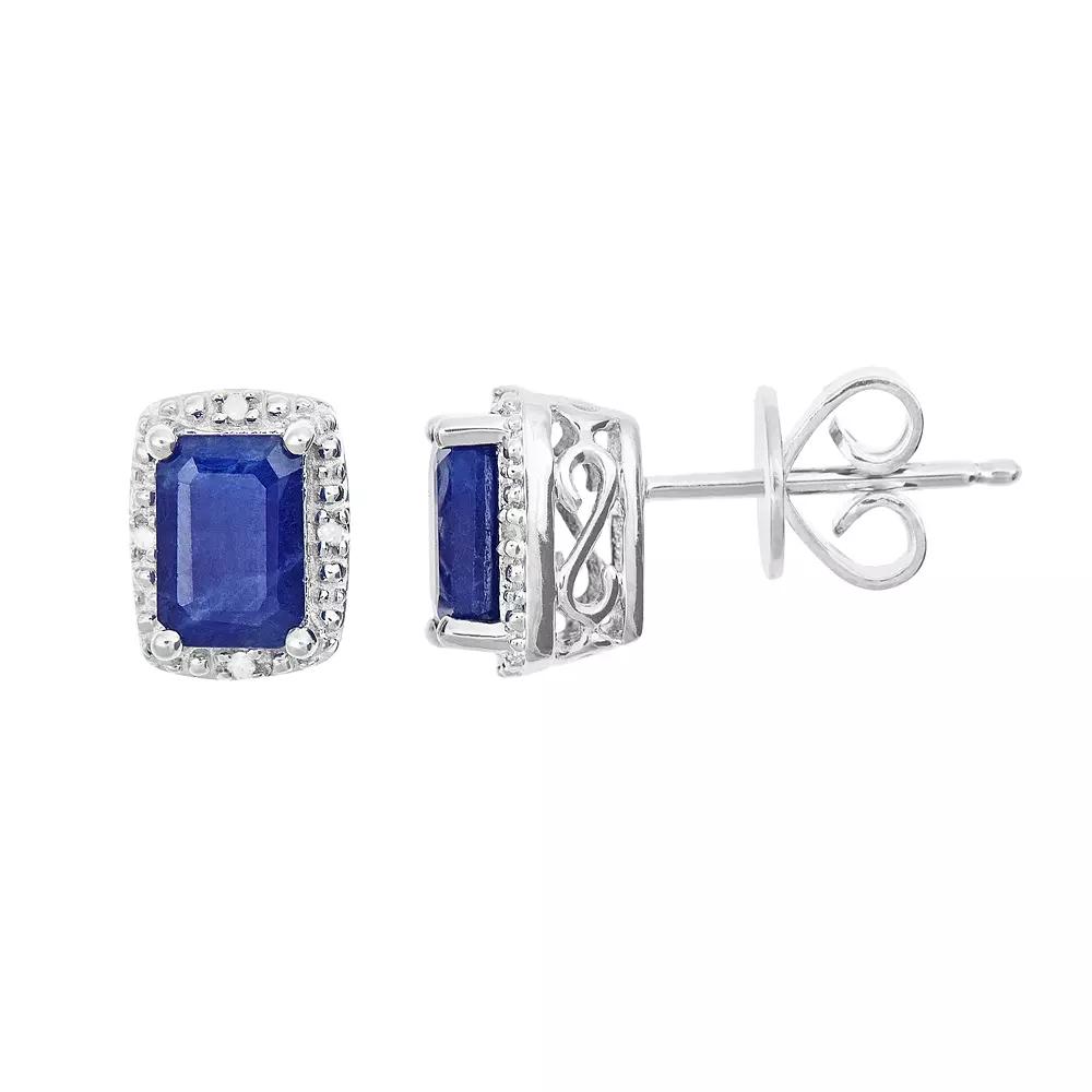 Celebration Gems Sterling Silver Sapphire & Diamond Accent Rectangle Halo Stud Earrings, Women's Product Image