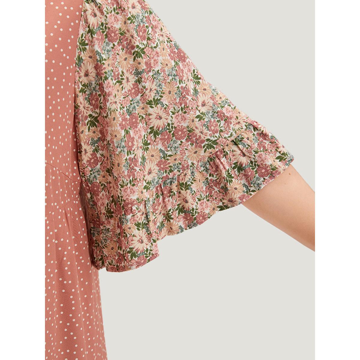 Plus Size Polka Dot & Ditsy Floral Print Notched Flutter Dress Rouge Women Elegant Printed Notched collar Half Sleeve Curvy Midi Dress BloomChic 22-24/3X Product Image
