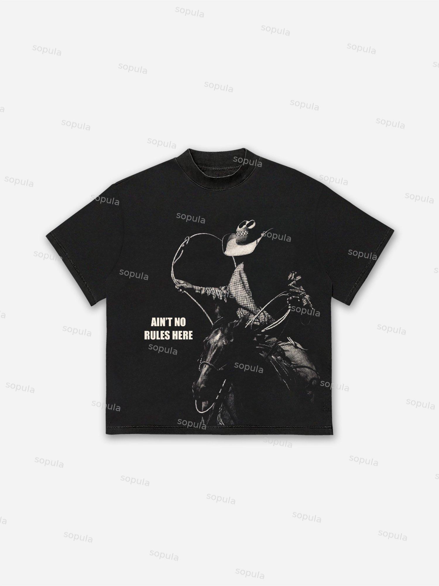 Ain't No Rules Here Western Cowboy Graphic Cotton T-shirt Product Image