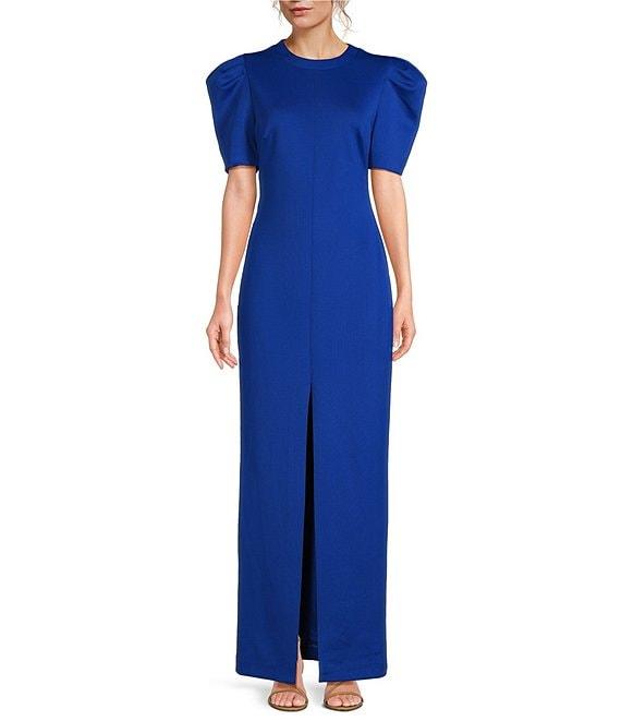 Belle by Badgley Mischka Nina Crew Neck Short Puff Sleeve Front Slit Sheath Maxi Dress Product Image